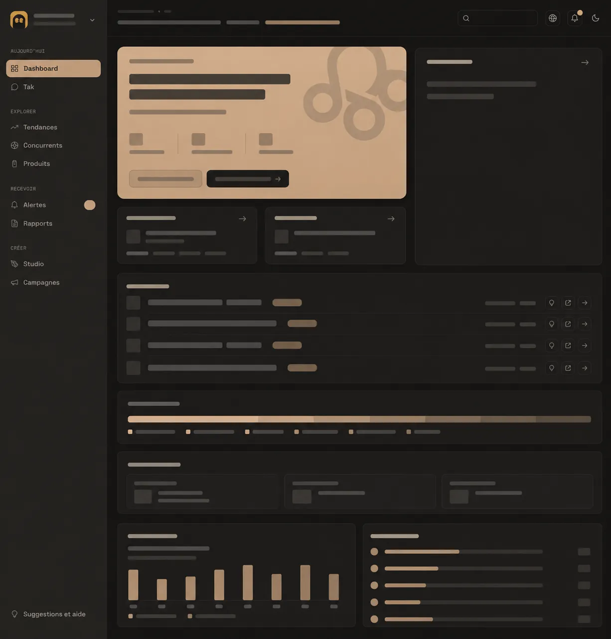 Tableau de bord Takoom : synthèse du jour, indicateurs de veille, alertes récentes et activité concurrentielle.