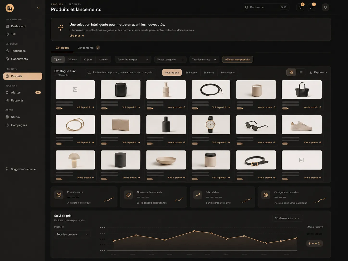 Module Produits de Takoom : catalogue des produits suivis, onglet Lancements et courbe de suivi de prix.