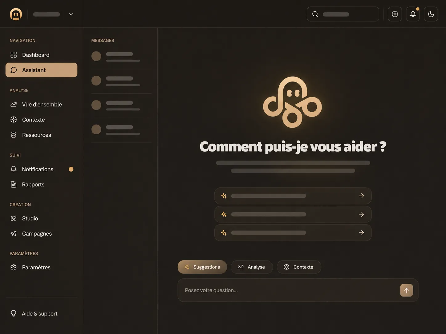 Tak, l'assistant IA de Takoom : historique des conversations et suggestions de questions sur votre marché.